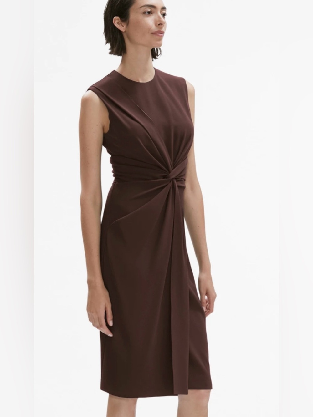 MM.LaFleur Taylor Dress 8 Brown Twist Knot Sheath Midi Pockets Career